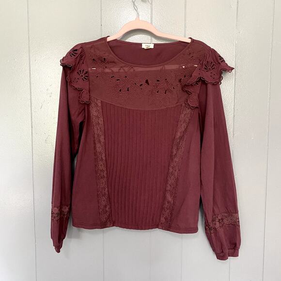 Anthropologie Tiny Burgundy Red Long-Sleeve Crescent Ruffled Lace Top S - Picture 3 of 8